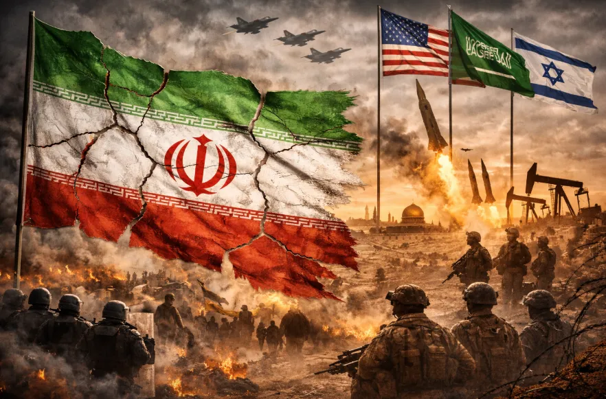 A fractured Iranian flag set against a scene of military forces and regional conflict, representing evolving calculations over Iran’s future and the prospect of foreign intervention.