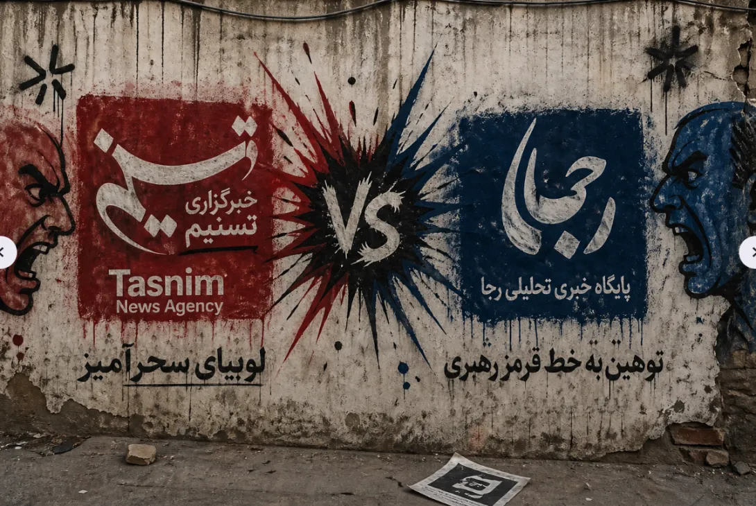 AI-generated image depicting a graffiti-style clash between two Iranian hardline media outlets, symbolizing their internal dispute over negotiations with the United States.